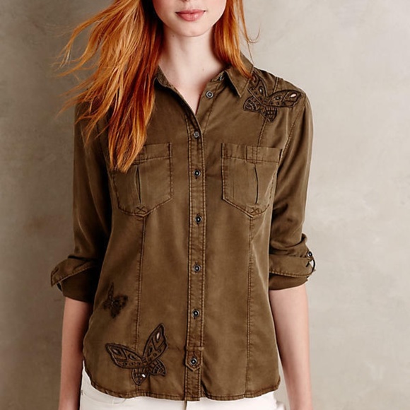 NWT ANTHROPOLOGIE Embroidered Butterfly Buttondown